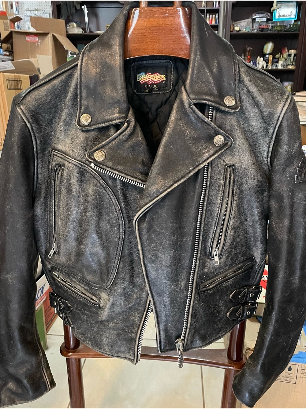 Vintage-Style Black Leather Biker Jacket - By Easy Rider